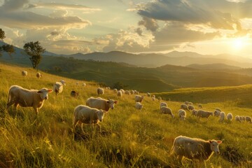 A group of sheep grazing on a lush green hillside - Powered by Adobe