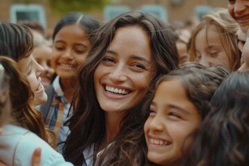 Fototapeta premium A group of young girls stand together, smiling and laughing