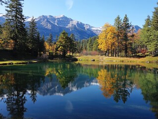 Fototapeta premium A scenic park with a crystal-clear lake reflecting the surrounding trees and mountains