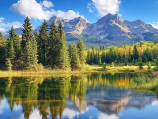 A scenic park with a crystal-clear lake reflecting the surrounding trees and mountains