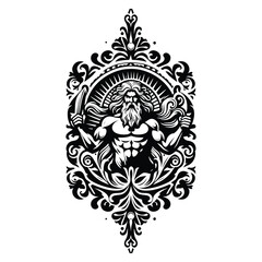 Fototapeta premium Zeus greek god with folk art decoration in black and white illustrations, cutout graphic
