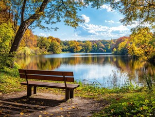 Obraz premium A scenic park with a wooden bench overlooking a peaceful lake and surrounding nature