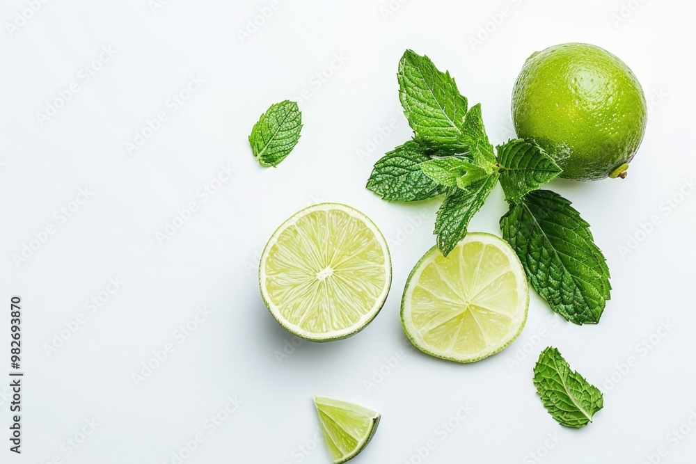 Poster Fresh lime slices and mint leaves arranged on a white surface for a bright and refreshing display
