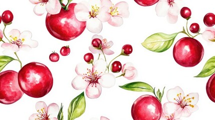 Cherry blossom seamless pattern on white background showcasing fruit blooms Watercolor botanical illustrations suitable for textile menu wallpaper invitation or packaging design