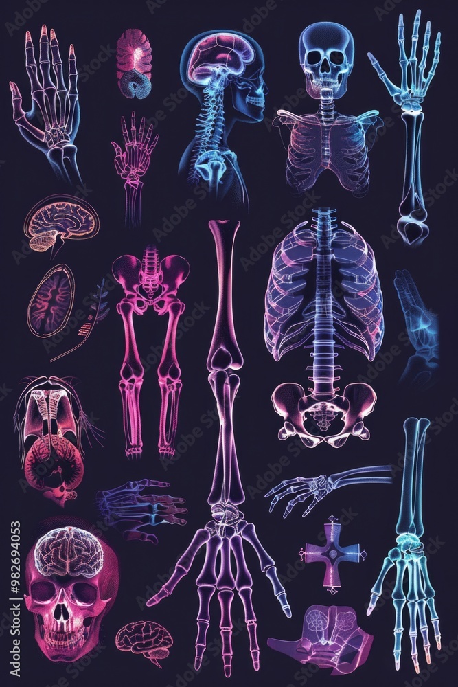Poster Close-up shots of various bones and skeletons