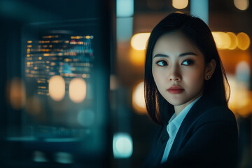 young asian business woman looking aside in suit working in IT company, blurred blue and yellow background