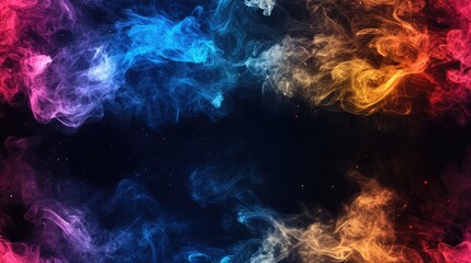 Movement of colorful smoke on a black background featuring shades of blue red and yellow