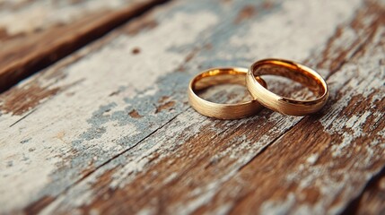 wedding stock photo featuring two gold wedding bands on a weathered wooden table symbolizing timeless love and romantic wedding traditions