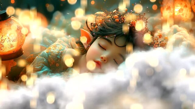 A sleeping child with elf ears resting in a magical scene filled with glowing lights and a dreamy atmosphere. Seamless looping time-lapse video background