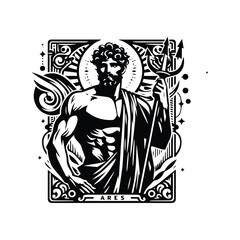 Ares greek god with tarot card decoration in black and white illustrations, cutout graphic