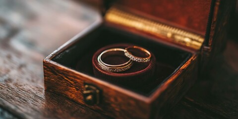 Two golden rings in a wooden box.
