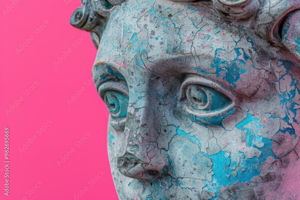 Poster a detailed view of a female figure's face on a statue, great for uses in editorial or decorative con