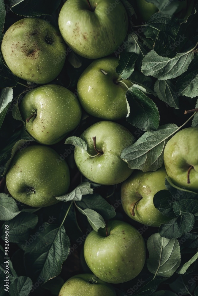 Poster a natural scene with a bunch of green apples sitting on the top of a tree branch, perfect for food o