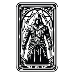 Fototapeta premium assasin male with tarot card in black and white illustrations, cutout graphic