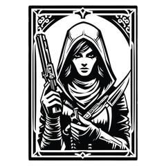 assasin female with tarot card in black and white illustrations, cutout graphic