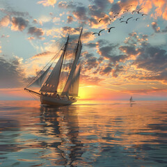 A sailboat is sailing in the middle of the ocean with a flock of birds flying in the sky