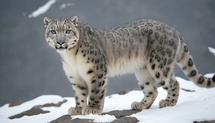 Majestic snow leopard standing on a snowy rock in the mountains
