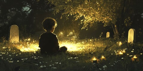 Obraz premium A lone figure sits amongst glowing candles in a graveyard.