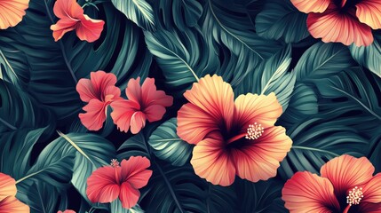 Tropical seamless pattern featuring abstract hibiscus and mango leaves