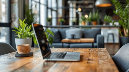 A cozy and modern workspace with natural light, featuring a laptop on a wooden table, potted plants, and a comfortable seating area in the background
