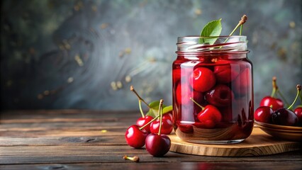 Delicious maraschino cherry in syrup in a glass jar , Food, dessert, sweet, red, treat, preserved, candied, delicious