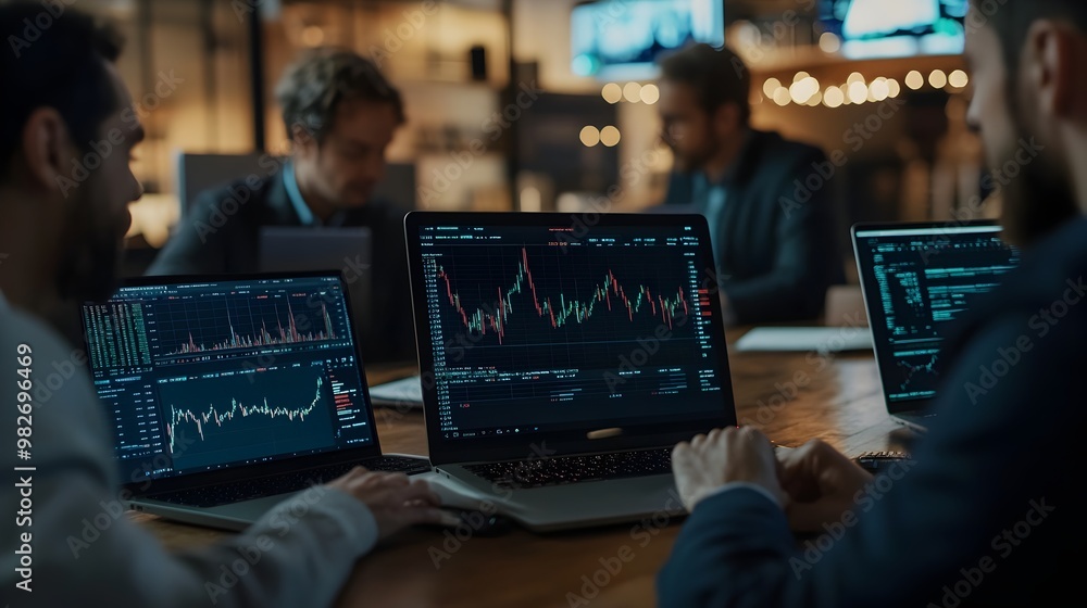 Poster traders analyzing financial data on multiple computer screens in a modern office environment