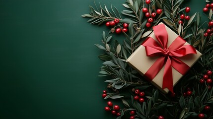 A photo of a gift box with a red ribbon on the right side, next to olive branches and berries on an emerald green background