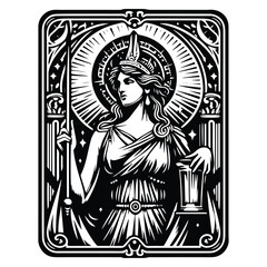 Athena goddess inside tarot card in black and white illustrations, cutout graphic