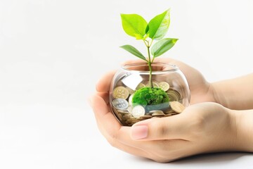 A person holds a glass jar with a plant sprouting from the soil inside