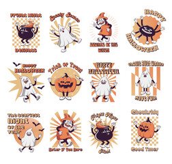 Set of Trendy  Groovy retro 70s Halloween clip art with Gloved ghosts, pumpkin, witch, potion cauldron and inscription happy halloween. Card template Funky old vintage cartoon characters and elements