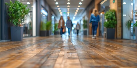 Fototapeta premium A beautifully designed shopping mall hallway with wooden flooring, modern lighting, and green plants, with several people casually walking and blurred for depth effect