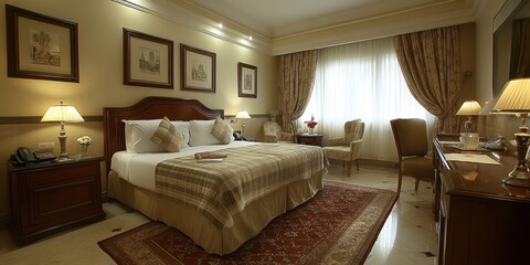 Elegantly decorated hotel room featuring a large bed, multiple framed artworks on the wall, and soft ambient lighting with a cozy atmosphere