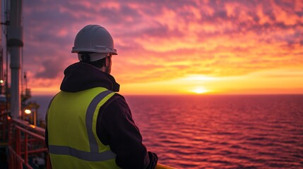 A worker in a hardhat and safety vest stands on an oil rig platform watching the sunset over the ocean