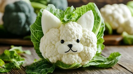 Adorable Cauliflower Floral with Green Leaves on Wooden Surface