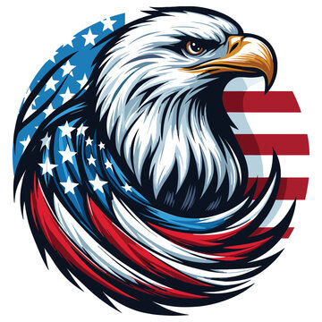 Illustrative bald eagle on American flag background, vector artwork, symbolizes patriotism