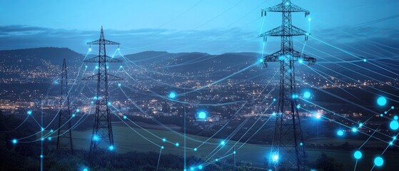 Power Lines and Cityscape at Night: A Striking Image of Energy Transmission