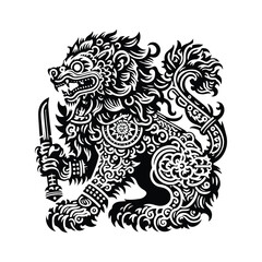 Fototapeta premium Barong with tarot card in black and white illustrations, cutout graphic
