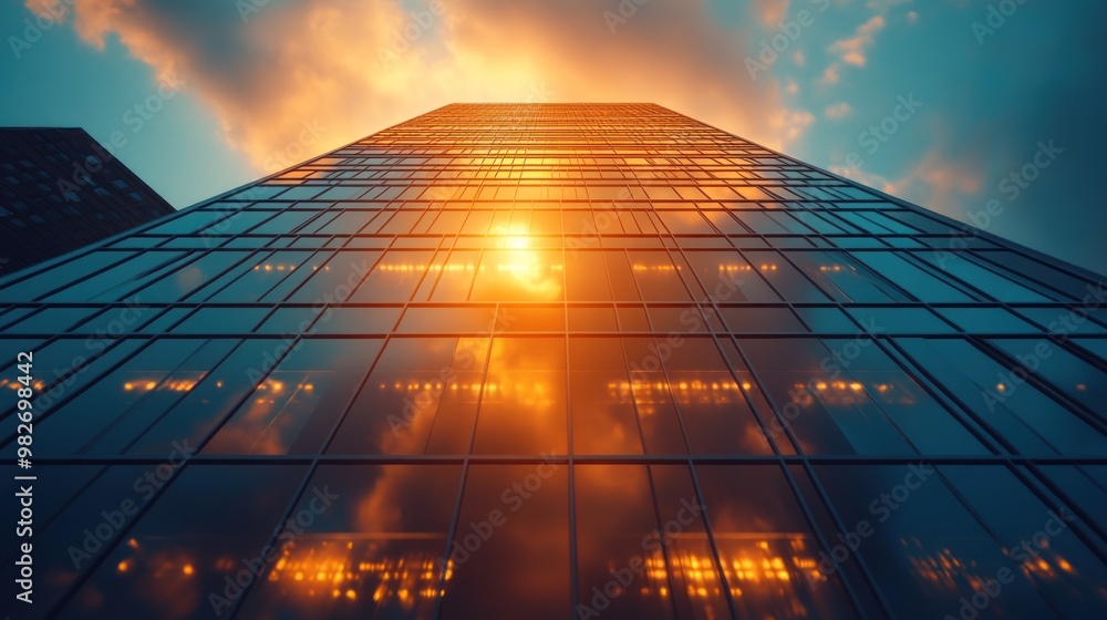 Poster Glass Building Sunset Reflection