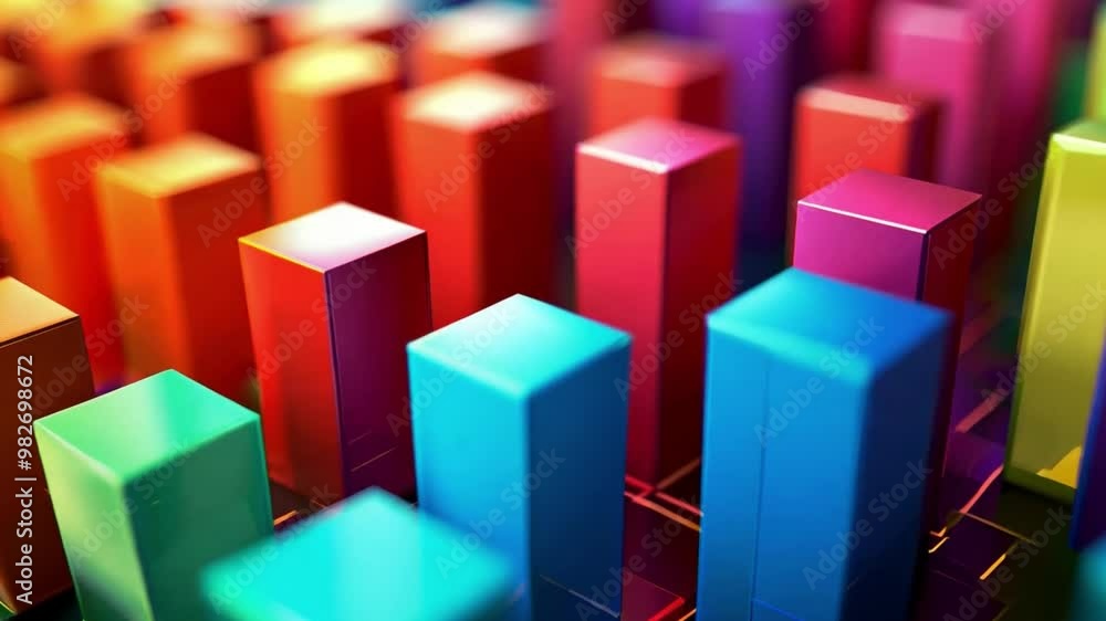 Poster A dynamic display of a 3D bar chart showcases a spectrum of vibrant colors, illustrating various data points in an engaging way, ideal for presentations and analysis.