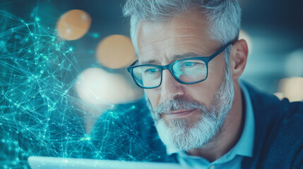 A man in glasses looks at his tablet with an abstract network pattern behind him.