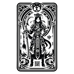 Fototapeta premium chinese warior female with tarot card in black and white illustrations, cutout graphic