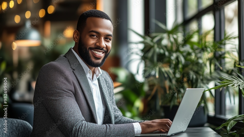 Poster smiling businessman working on a laptop in a modern office with panoramic windows letting in natural