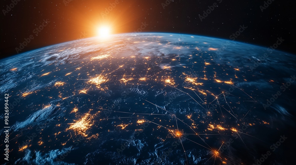 Poster the earth seen from space with glowing city lights on it and network connections connecting the worl