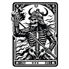 Fototapeta premium chinese warior skeleton with tarot card in black and white illustrations, cutout graphic