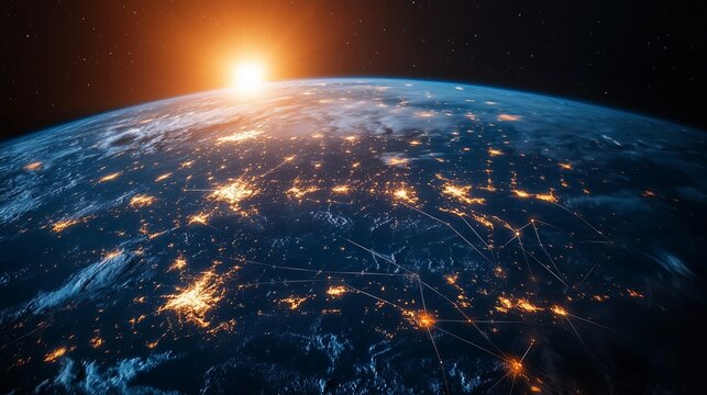 The earth seen from space with glowing city lights on it and network connections connecting the world, representing global connectivity and data transfer between cities across different time zones - Powered by Adobe