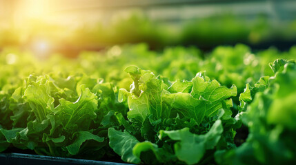A field of green lettuce is growing in a greenhouse