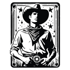 cowboy male with tarot card in black and white illustrations, cutout graphic