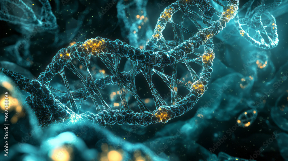 Poster an abstract illustration of dna strands weaving through layers of cellular structures,
