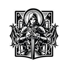 Crusader Templars Knights female with tarot card in black and white illustrations, cutout graphic black and white illustration