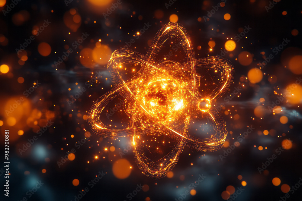 Poster A futuristic rendering of a gold atom with electrons orbiting in complex patterns,